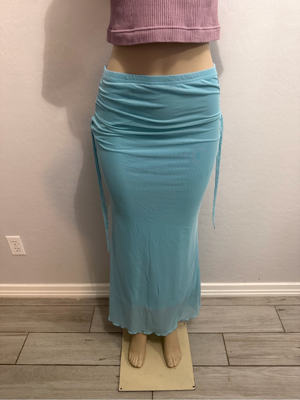 Women's Light Blue Drawstring Ruched Maxi Skirt